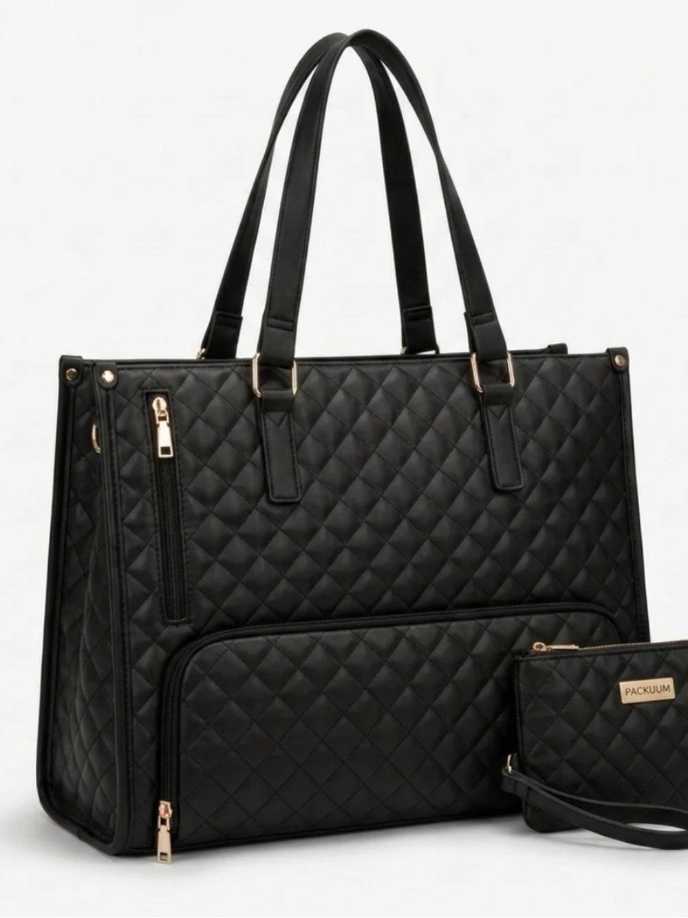 PACKUUM Quilted Work Tote Bag Laptop Lunch Black NWT